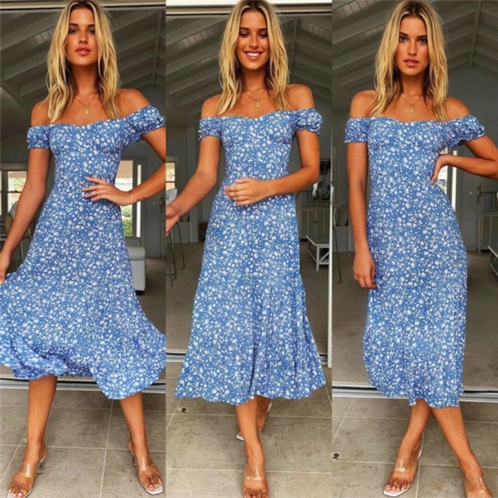 Boho Blue Floral Ruffle Hem Off Shoulder Dress - Picture 5 of 6